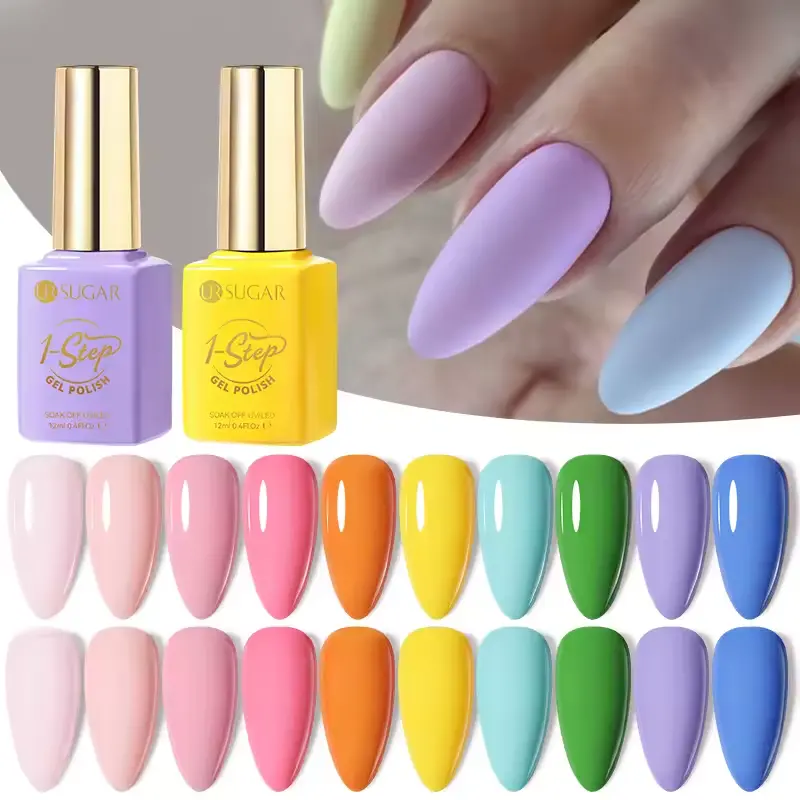 UR SUGAR 1-Step Gel Polish – 12ml, 3-in-1 formula (color, base, and top coat). Available in summer shades: nude, pink, blue, and yellow with glitter. No need for extra layers—easy application, long-lasting results!| 
US $0.67
