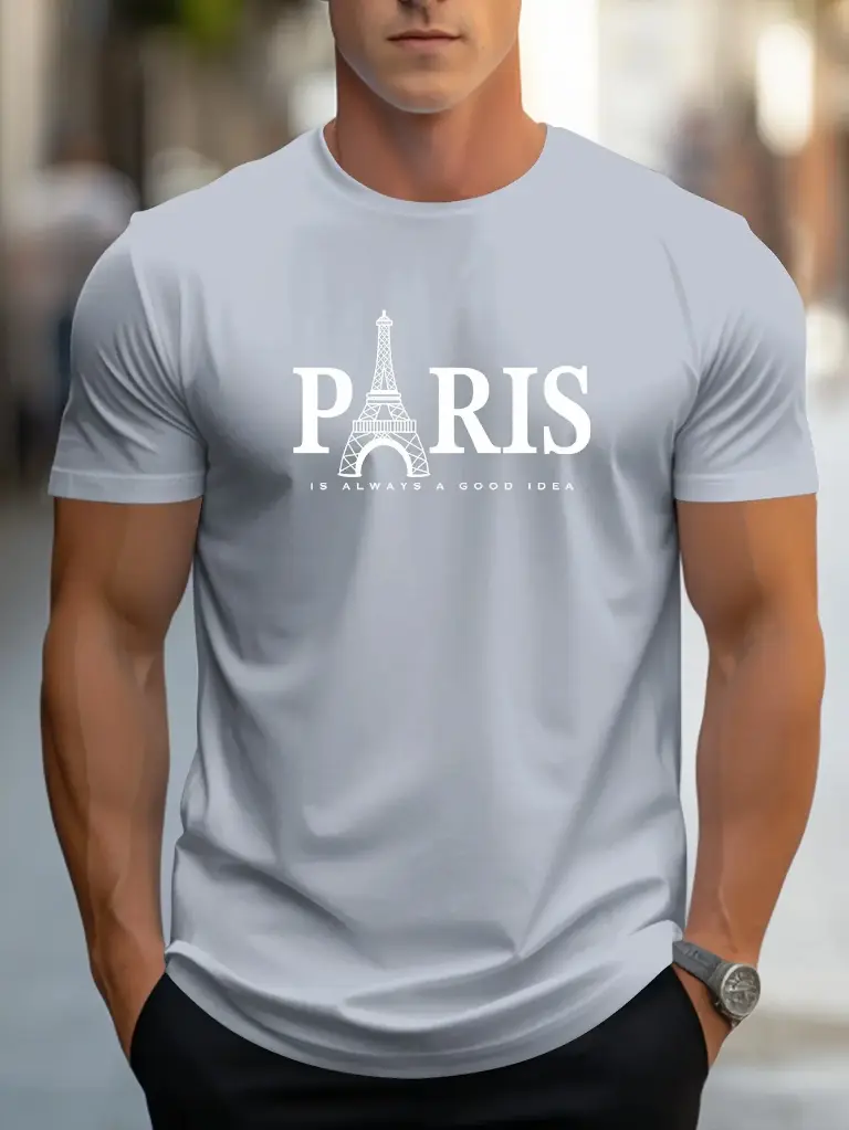 Stay stylish with this Summer Men’s T-shirt featuring a Parisian print. Casual O-neck, short sleeves, and available in plus sizes for a comfortable, fashionable streetwear look | US $1.36