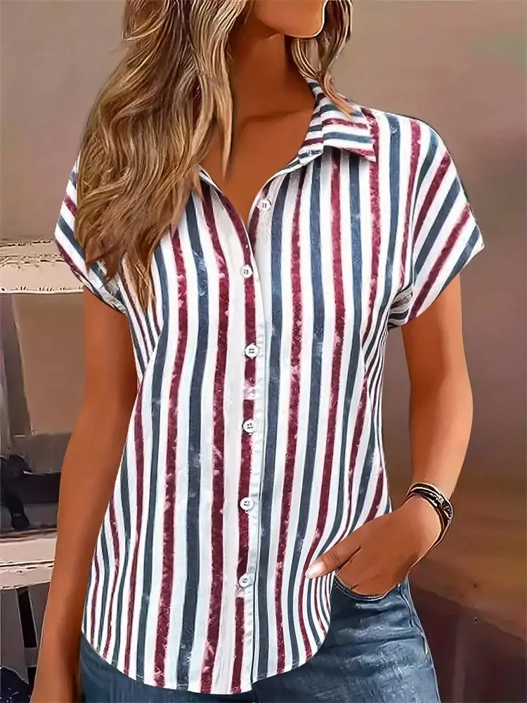 Colorful striped shirt for women, featuring a retro casual design. Available in short or long sleeves, this summer commuter top blends style and comfort effortlessly 2025 | US $3.56