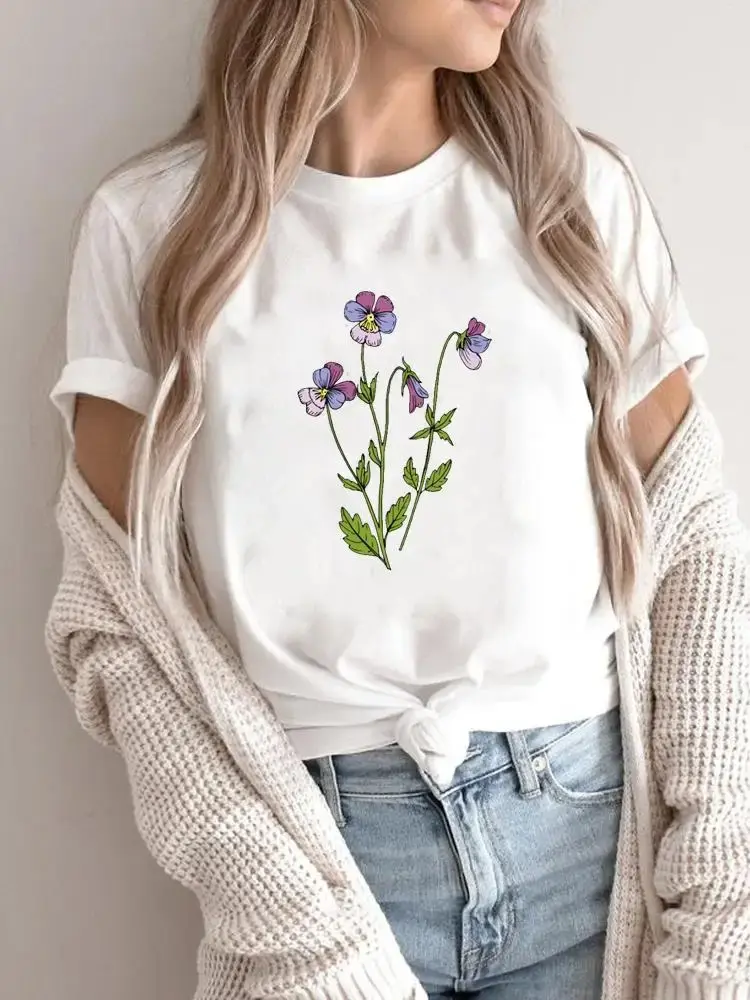 Cute cartoon graphic T-shirt for women featuring a vibrant floral design. This short-sleeve tee is perfect for summer, combining trendy fashion with casual comfort | US $2.33
