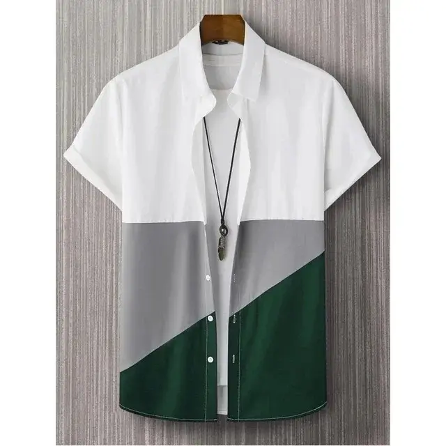 Elevate your style with this Men's Shirt featuring a three-color patchwork print. This short-sleeve, loose-fit, oversize Hawaiian shirt combines simplicity with high-quality fabric, offering a comfortable and fashionable option for casual wear | US $5.27