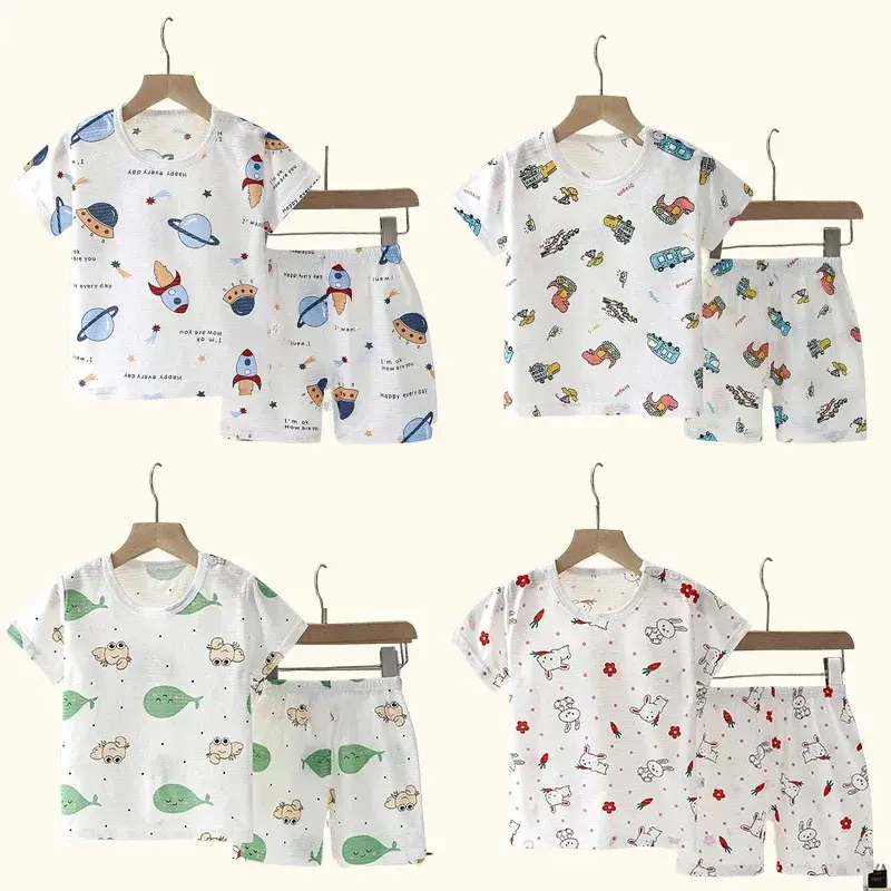 Children's Summer Clothing Set, featuring a short sleeve T-shirt and shorts. Made from soft cotton, this comfortable suit is perfect for home wear and sleepwear. Suitable for both boys and girls.
| US $0.78