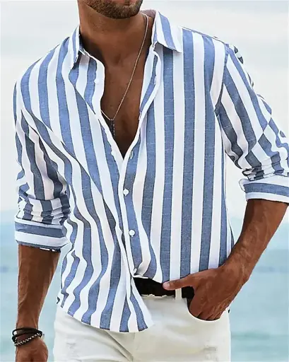 Introducing the 2025 men’s long-sleeved shirt, featuring a blue striped print. This elegant, high-end shirt combines classic Hawaiian style with modern sophistication, making it a perfect choice for social event | US $7.54