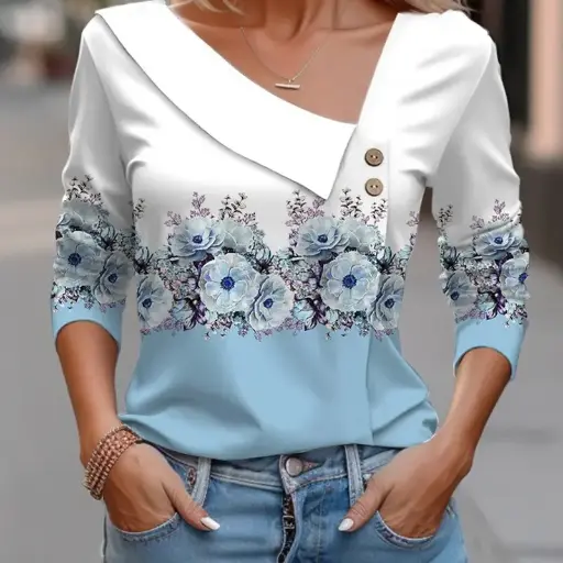 This women's T-shirt features a stylish long sleeve design with a white floral print, Made with comfort and fashion in mind, this top is a must-have addition to your wardrobe | US $4.83