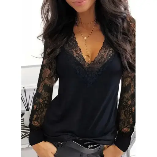 Elegant lace-stitched V-neck T-shirt with a slimming fit, perfect for spring and summer. Available in classic white and black for a timeless look  | US $4.41