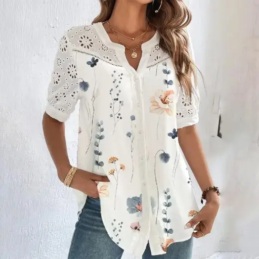 Loose-fit lace blouse with short sleeves, perfect for casual outings, holidays, and effortless elegance | US $8.81