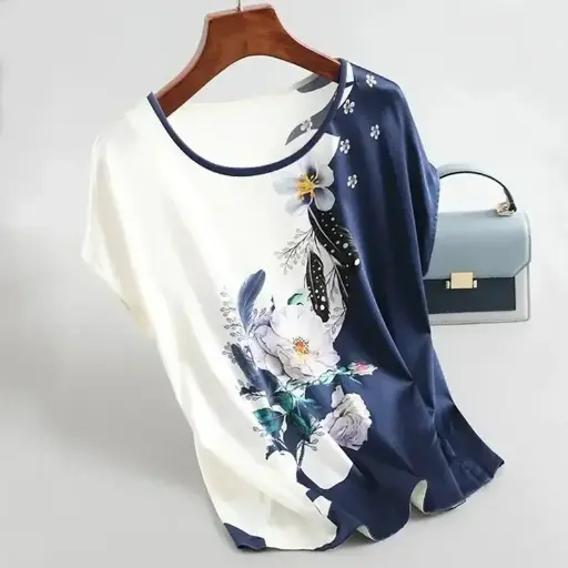 Silk satin blouse for plus-size women featuring a delicate floral print. Designed for spring and summer, this elegant top blends fashion and comfort seamlessly | US $3.25