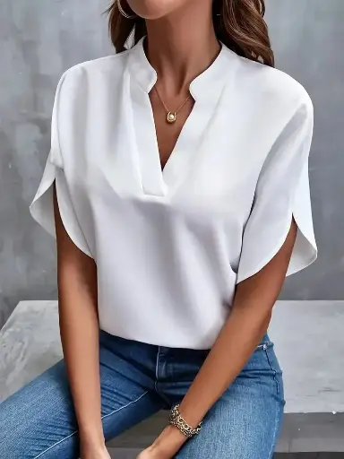 Elegant summer blouse for women with a V-neck and short sleeves. Featuring a loose solid-color design, this casual white top is ideal for office wear and everyday style | US $3.82