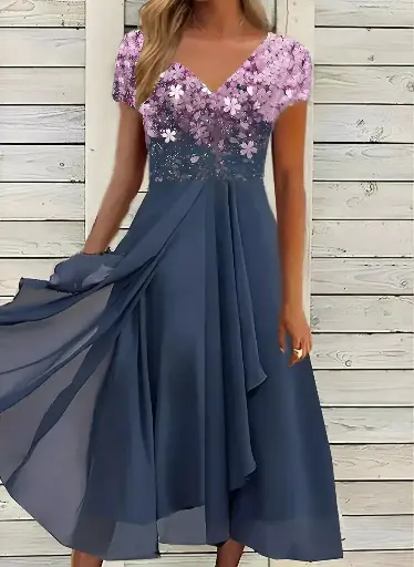 Elegant chiffon dress for women featuring lace patchwork and cut-out details. This long dress is perfect for bridesmaids or evening occasions, offering a sophisticated and stylish look 2025 | US $7.51