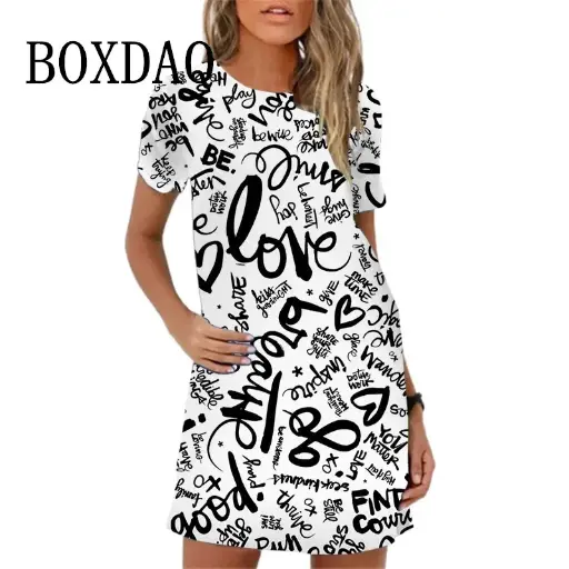 Sweet and charming women's summer dress with peach heart and letter print. Featuring a loose casual A-line design, O-neck, and elegant short sleeves, perfect for effortless style in 2025 | US $2.47