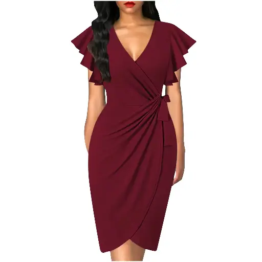 Elegant summer bodycon dress for ladies, featuring a V-neck design and petal sleeves. Made with solid color pleats, this chic workwear robe combines style and professionalism effortlessly | US $4.51