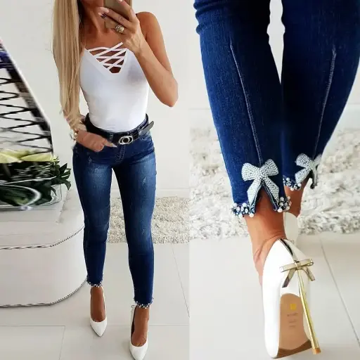 2025 women's  pencil pants with pearl detailing, solid pockets, and ankle-length skinny fit for casual elegance | US $2.76
