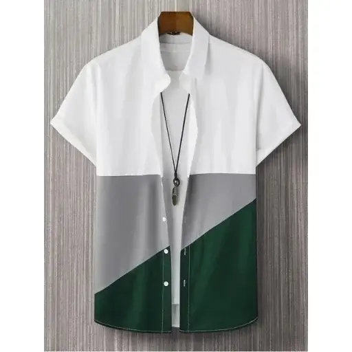 Elevate your style with this Men's Shirt featuring a three-color patchwork print. This short-sleeve, loose-fit, oversize Hawaiian shirt combines simplicity with high-quality fabric, offering a comfortable and fashionable option for casual wear | US $5.27