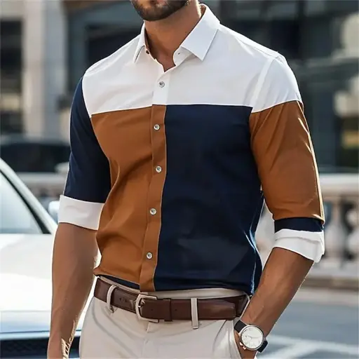 Perfect for spring and autumn, this men’s business long-sleeve shirt features patchwork printing. With a single-breasted design and simple button-front closure, this basic blouse offers a refined, versatile style for professional wear | US $4.43