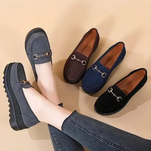 Casual slip-on loafers crafted from suede leather for a stylish yet comfortable design. Featuring metal buckle decoration, these shoes are perfect for effortless elegance and everyday wear. | US $7.26