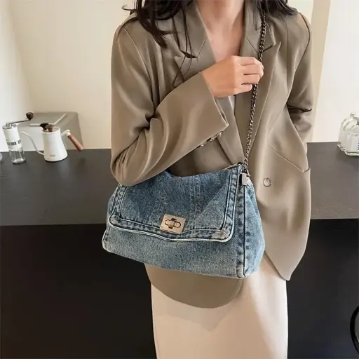 Compact and trendy denim chain crossbody bag, ideal for daily travel, work, and versatile casual use | US $14.52