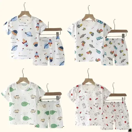 Children's Summer Clothing Set, featuring a short sleeve T-shirt and shorts. Made from soft cotton, this comfortable suit is perfect for home wear and sleepwear. Suitable for both boys and girls.
| US $0.78