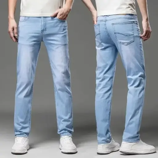 Men's 2025 Spring Summer Classic Style Thin Jeans, featuring a stretch regular fit design. These denim trousers are in a washed light blue color, offering both comfort and style.  | US $7.11